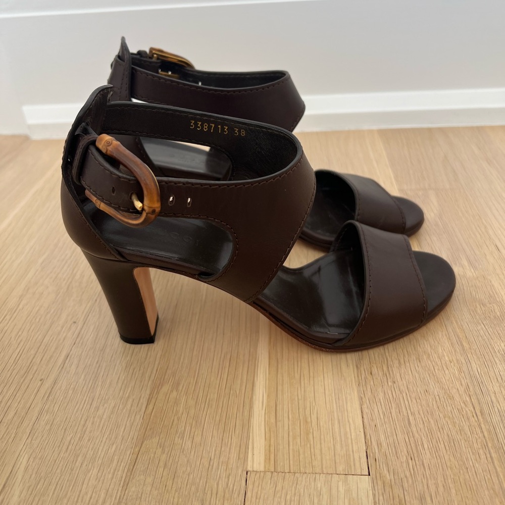 Gucci Cocoa Brown Lifford Ankle Buckle Leather Sandal Heels [Size 8] - Picture 2 of 6